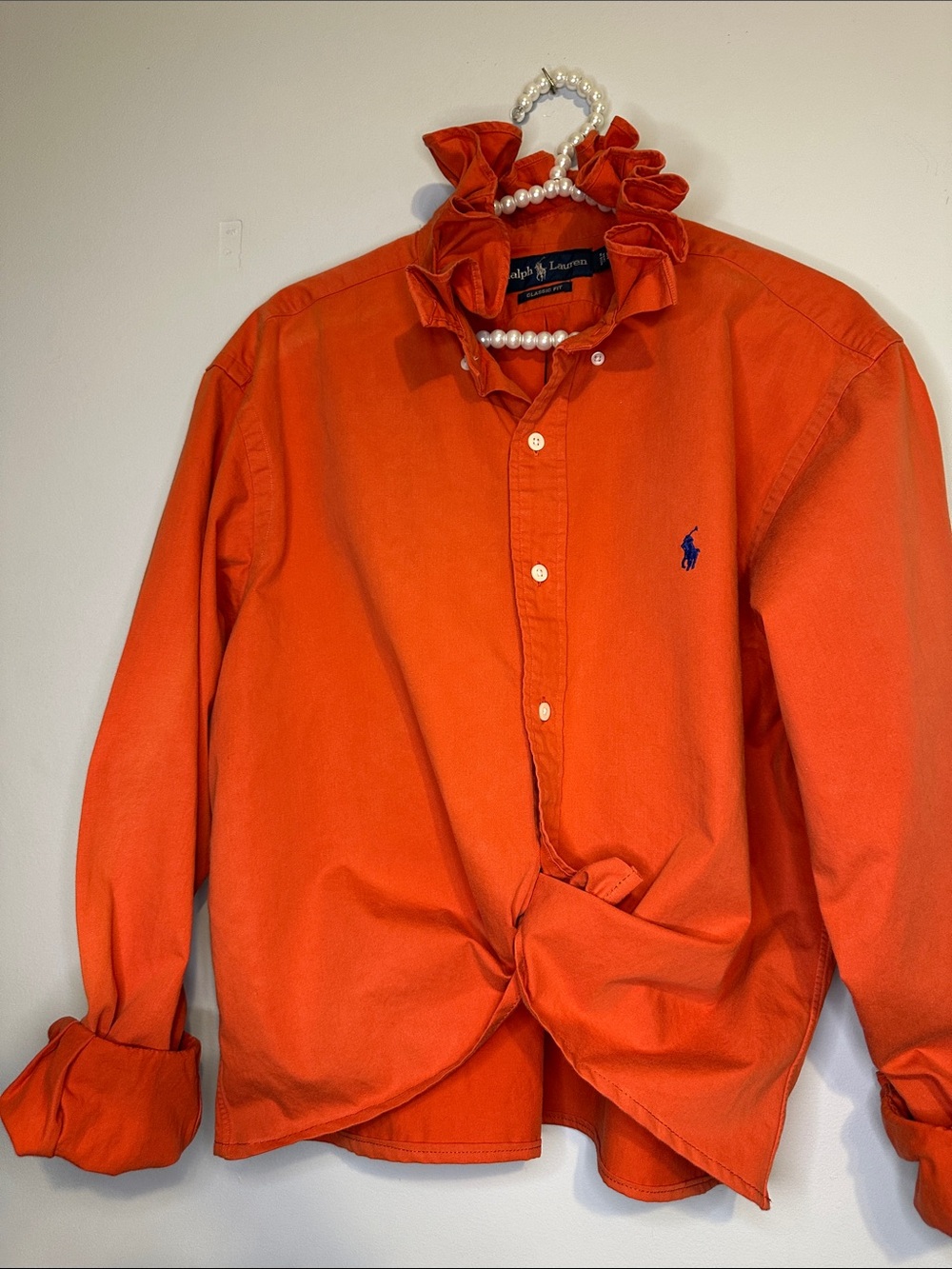 Ralph Lauren Orange Ruffled collar Shirt with Navy Polo Logo